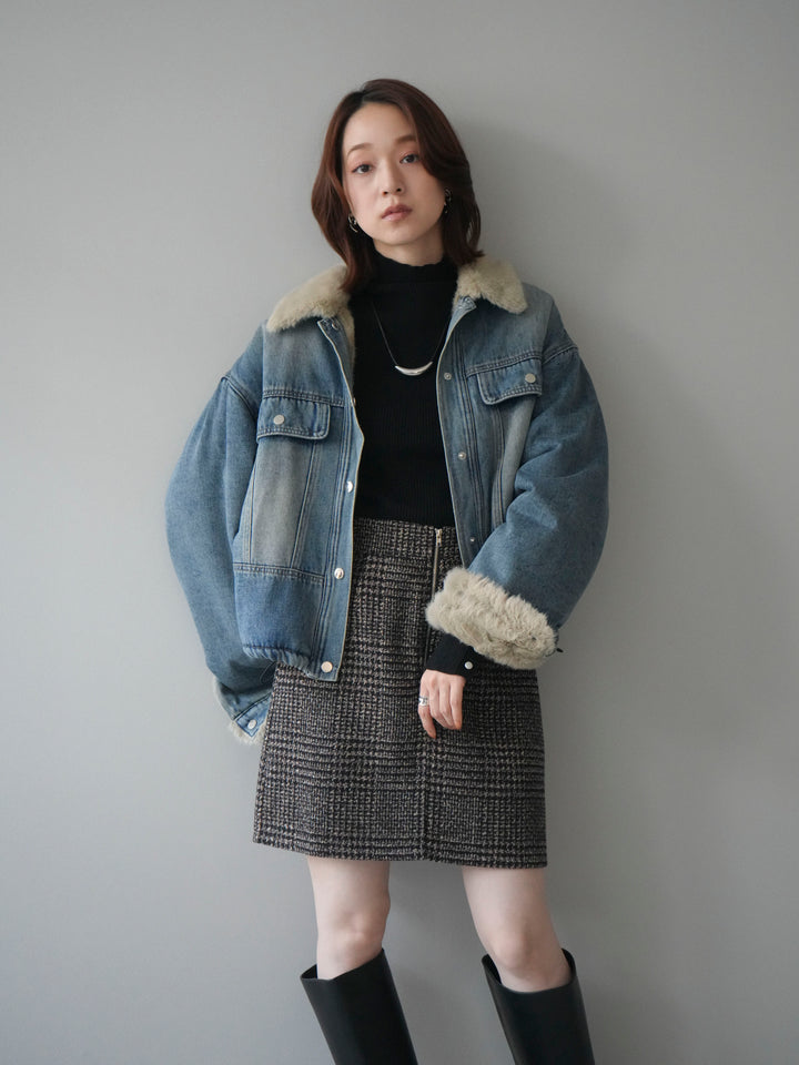 [予約]デニム×ファーステンカラーショートジャケット/lightblue