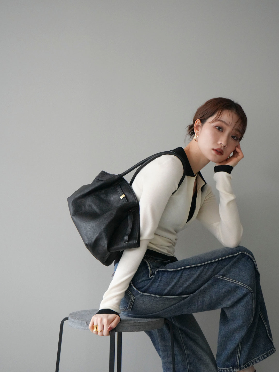 [予約]レイヤード配色ポロニットトップス/beige