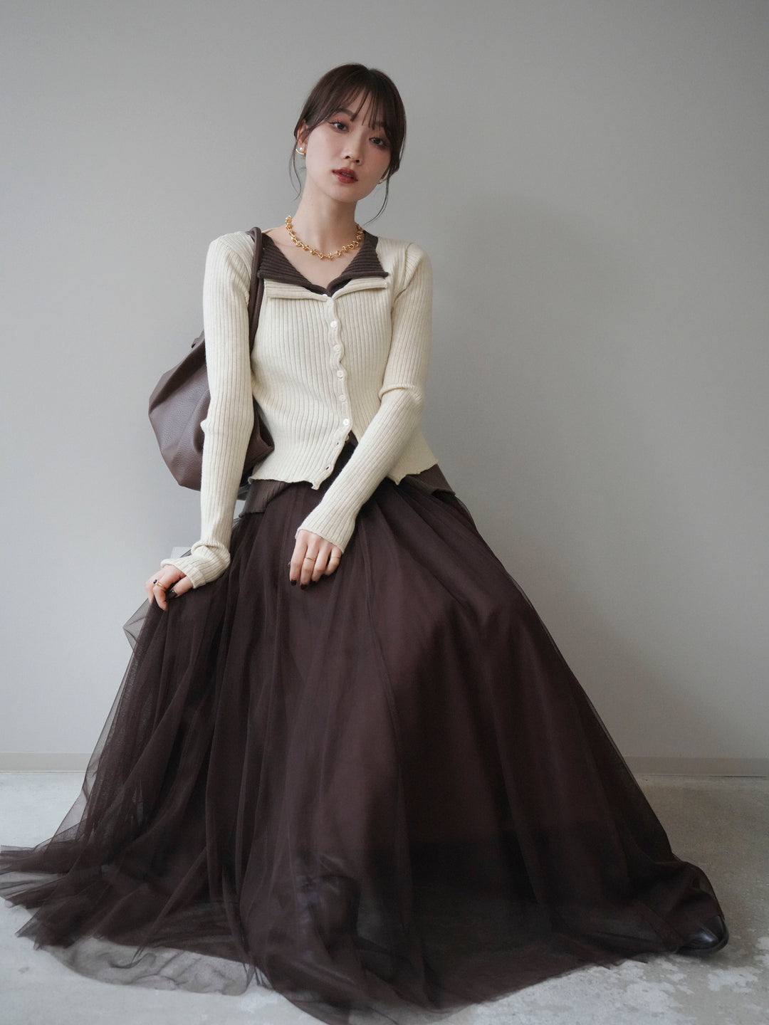 [予約]配色レイヤードリブニットカーディガン/ivory