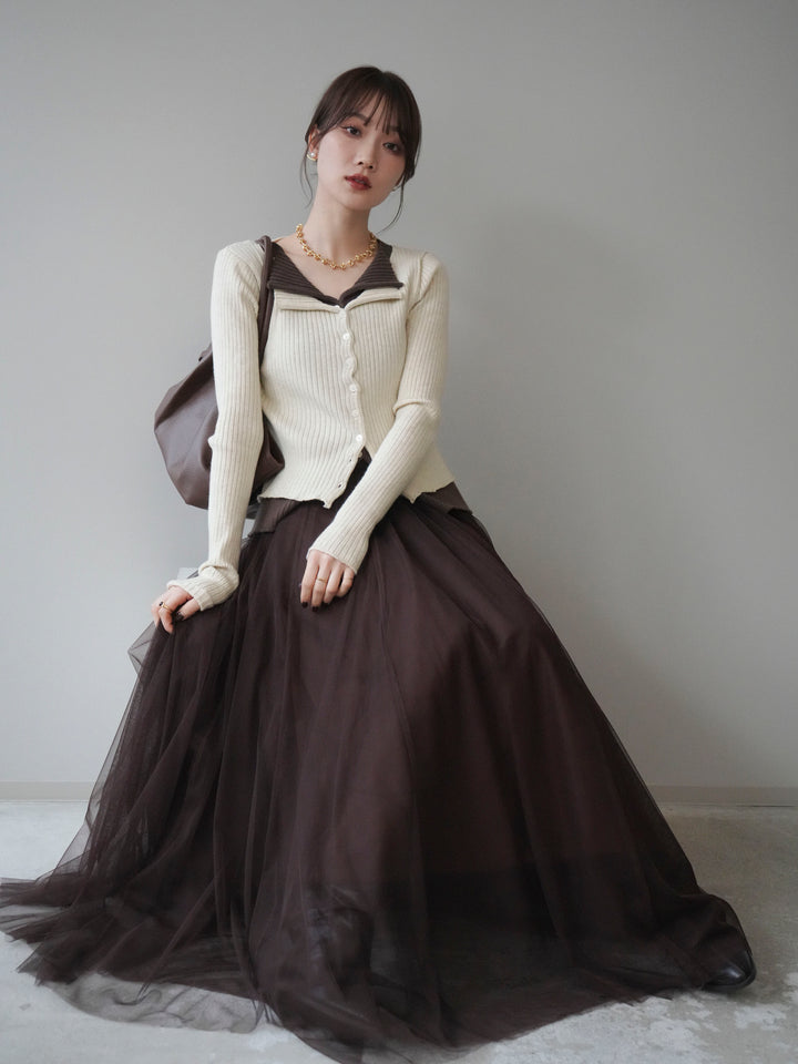 [予約]配色レイヤードリブニットカーディガン/ivory