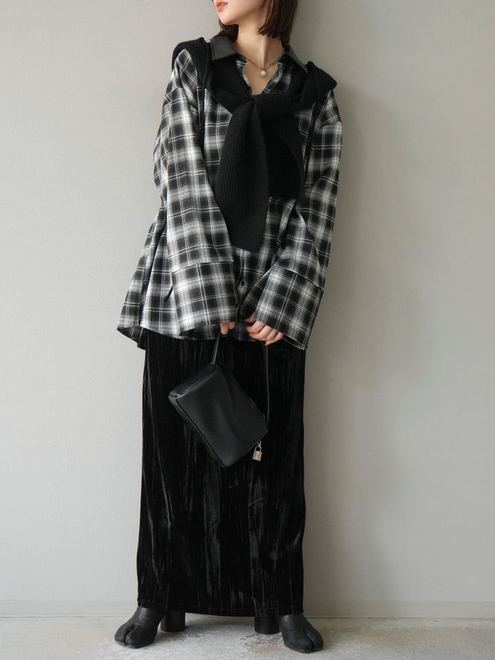 [SET]レザー襟オンブレチェックオーバーシャツ +クラッシュベロアナロースカート(2set)