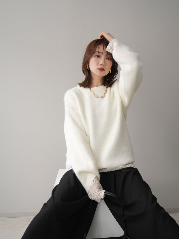 [SET]アンゴラタッチクルーネックニットプルオーバー+テープベルトタックバギーパンツ(2set)