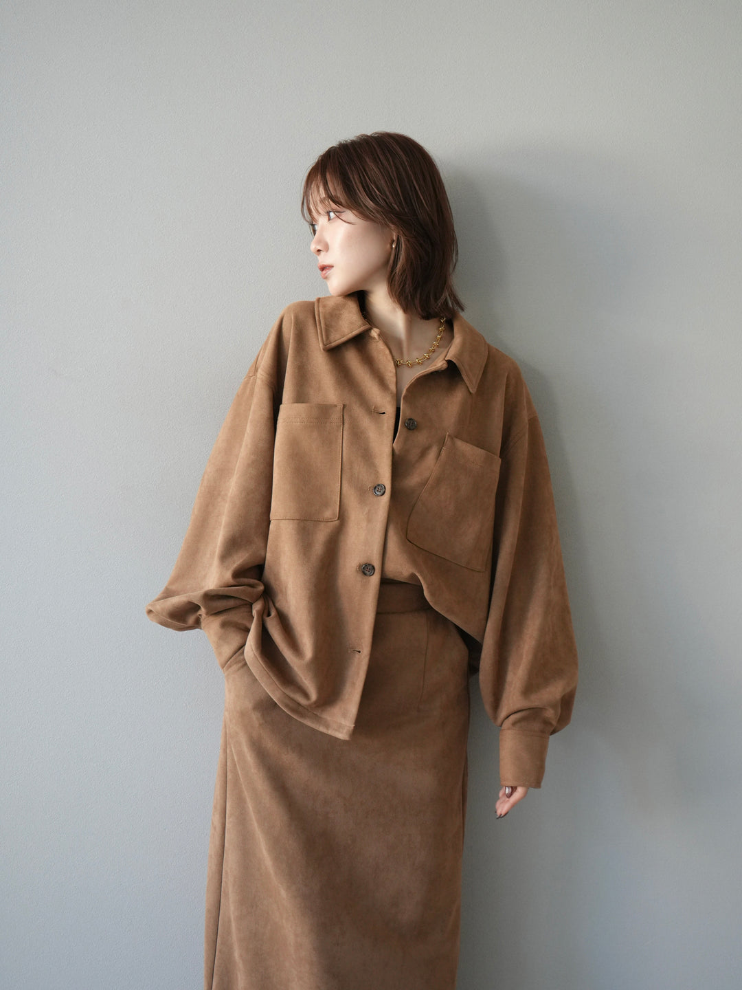 [SET]スエードシャツジャケット+スエードタイトスカート(2set)