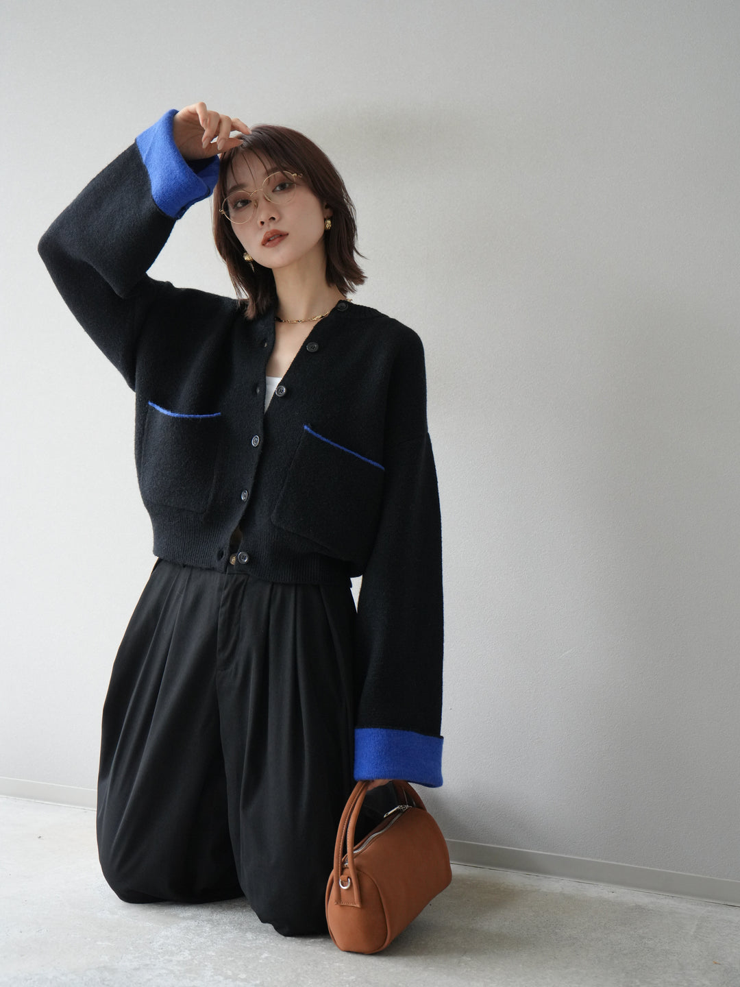 【預購】雙色針織開襟衫/黑色