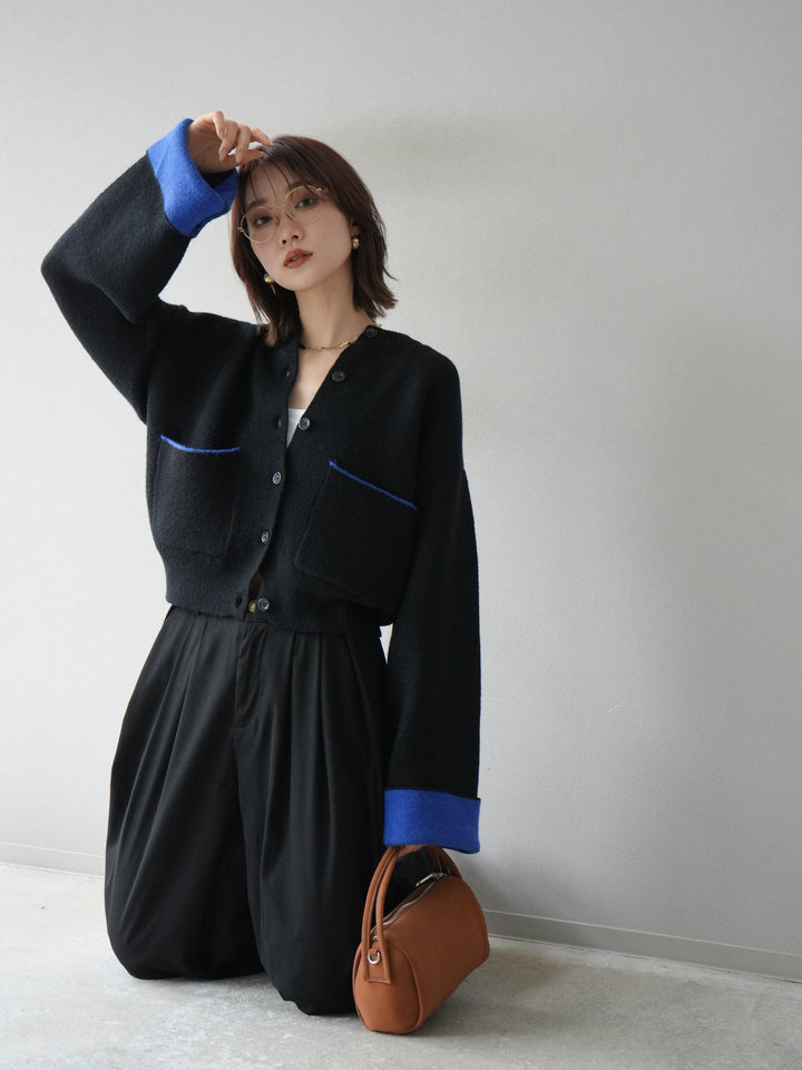 【預購】雙色針織開襟衫/黑色