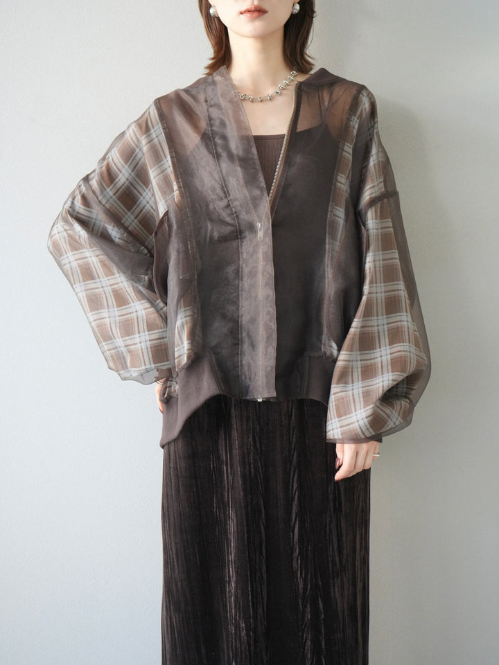 [預購] 格紋薄紗對接外套/棕色