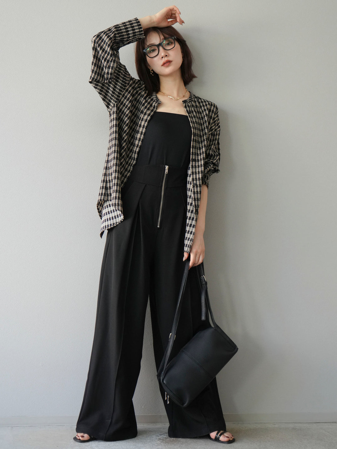 [予約]チェック柄2WAYスリーブバンドカラーシャツ/ベージュブラック