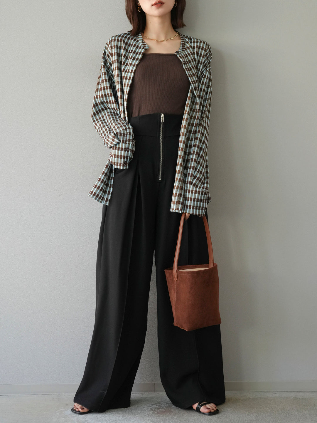 [予約]チェック柄2WAYスリーブバンドカラーシャツ/ブルーブラウン