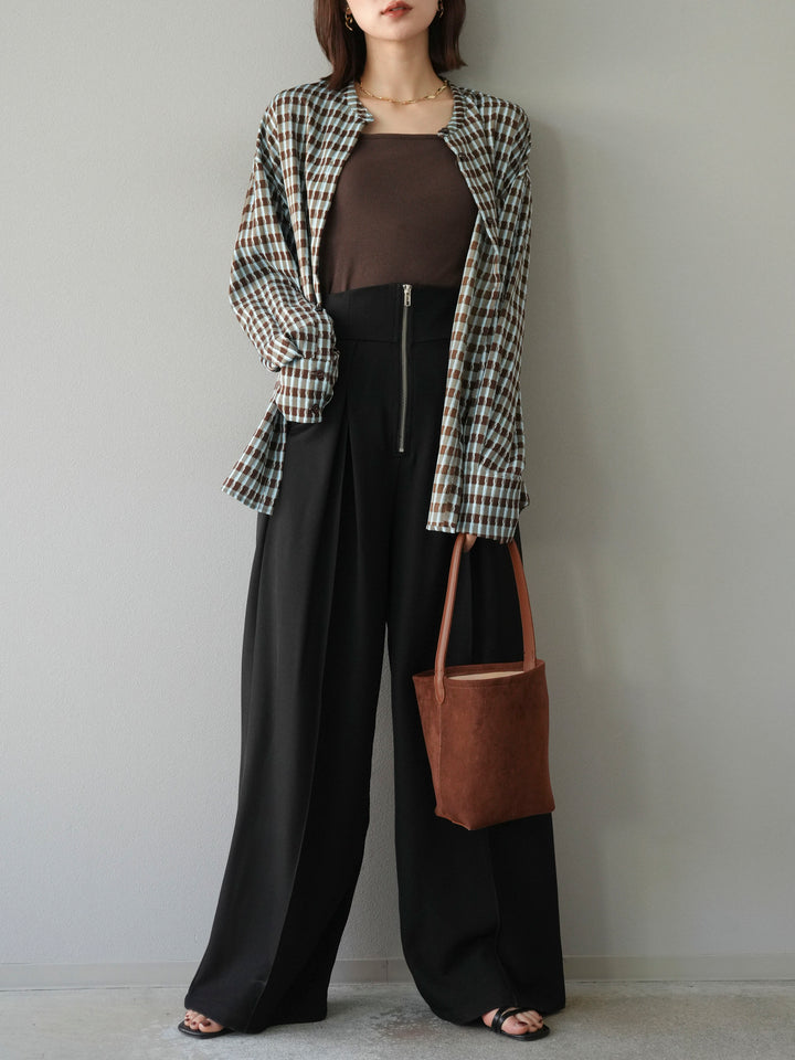 [予約]チェック柄2WAYスリーブバンドカラーシャツ/ブルーブラウン