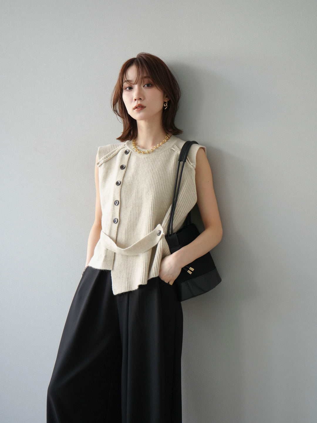 [4]レイヤードボタンニットベスト/オフホワイト