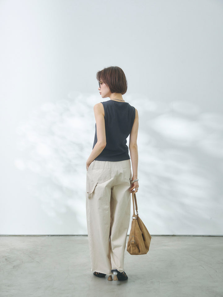 【Allure】[SET]フロントボタンテレコリブタンクトップ+カットオフコットンツイルタックワイドパンツ(2set)