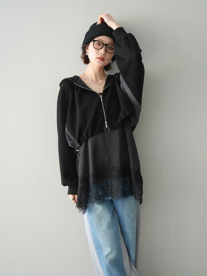 [予約]バイカラー異素材ライトポンチクロップドZIPフーディー/black