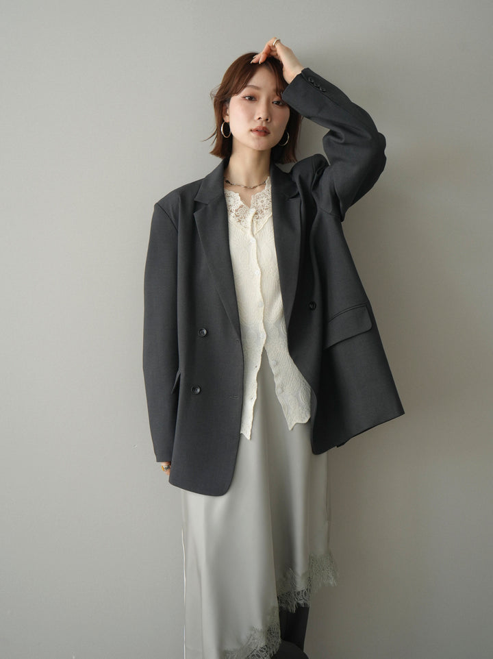[SET]ダブルブレストオーバージャケット+レースネックジャガードニットカーディガン(2set)