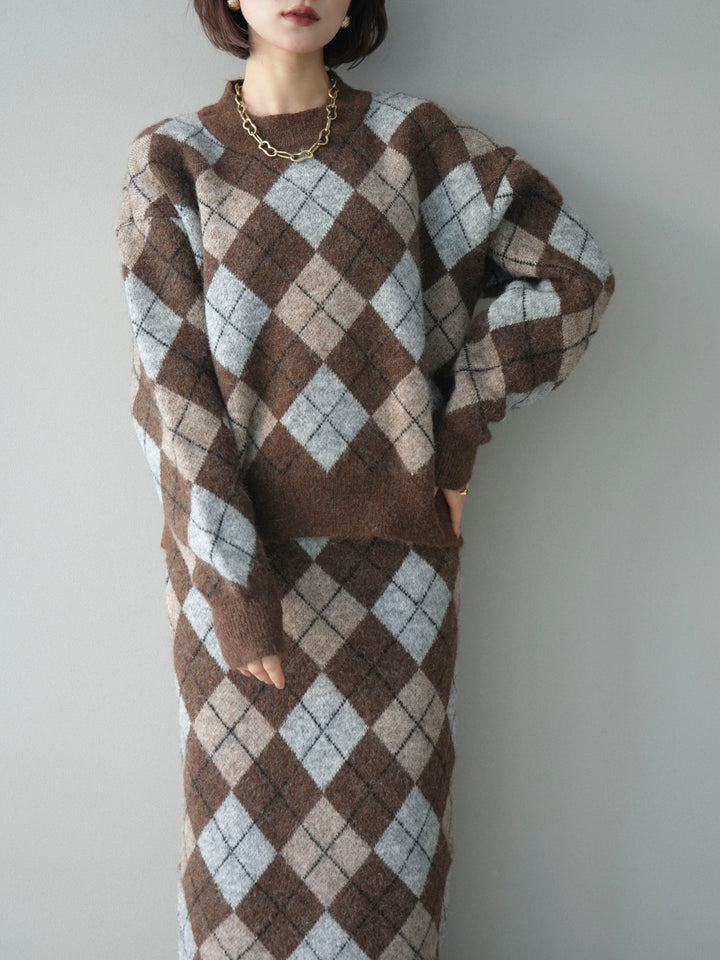 [SET]アーガイルニットプルオーバー&ロングスカートSET UP+選べるアクセセット(2set)