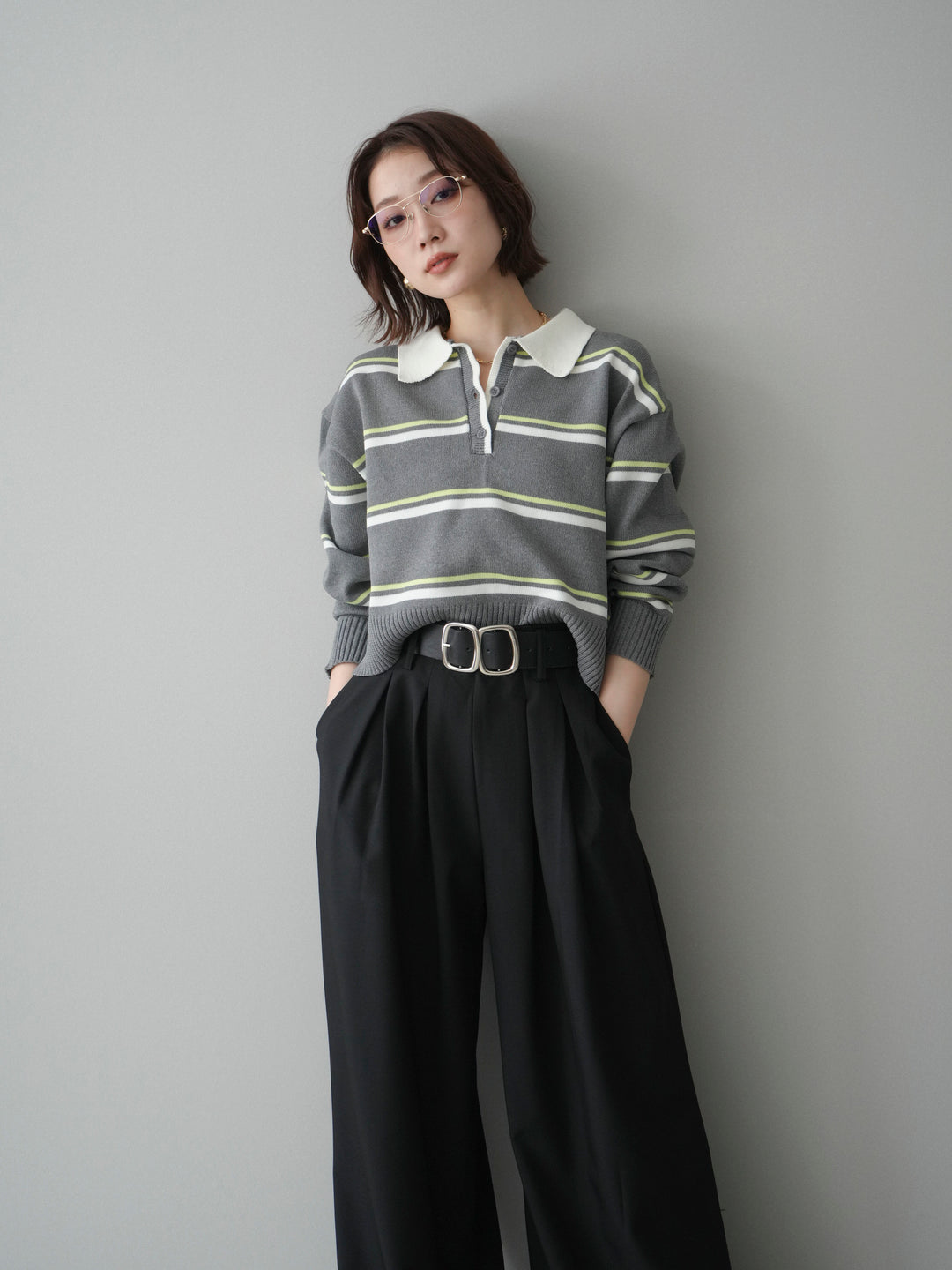 【預購】多條紋polo針織衫/灰色