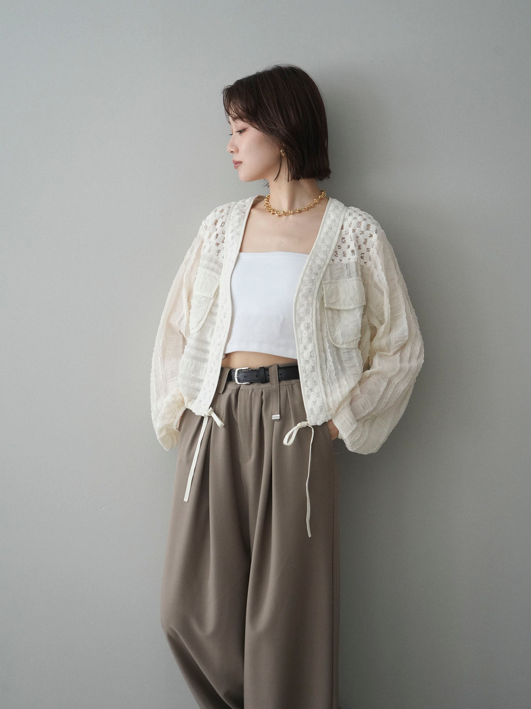 [SET]パッチワークシアーフリルブルゾン+カップ付テレコリブベアキャミソール(2set)