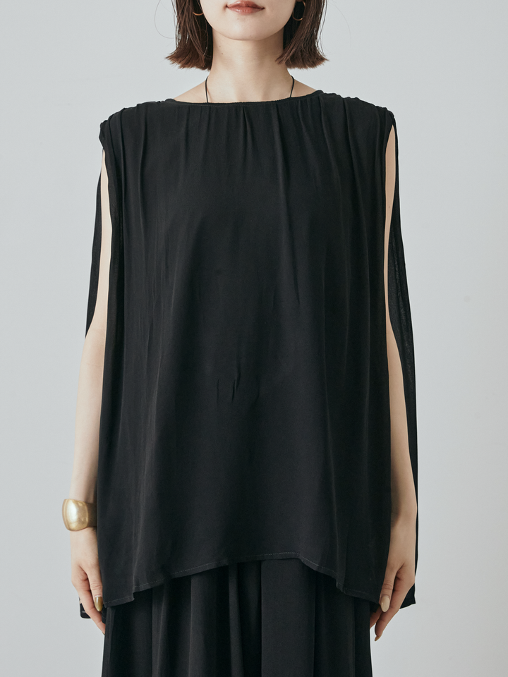 [預購] 透視褶肩襯衫/黑色