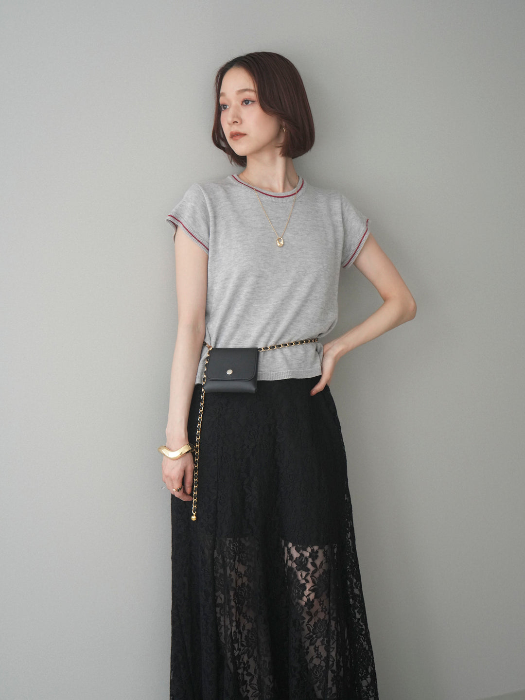 [SET]配色ハーフスリーブニットトップス+選べるアクセセット(2set)