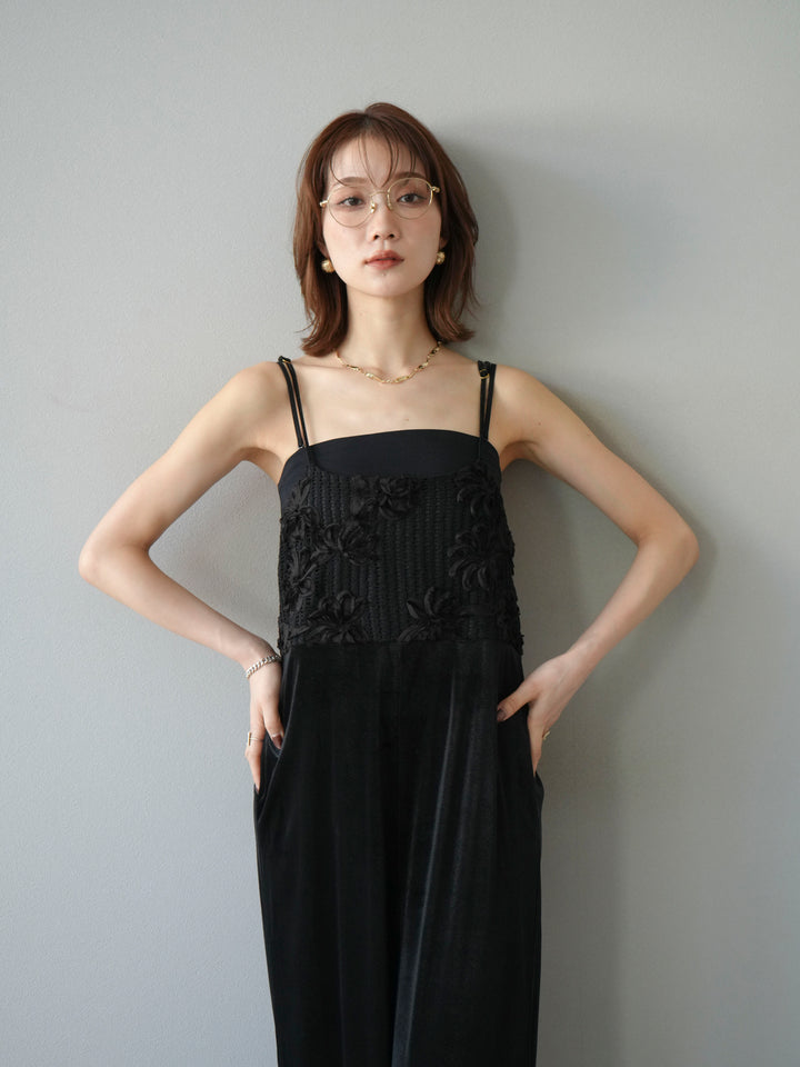 [予約]ジャガード切替ベロアサロペット/ブラック