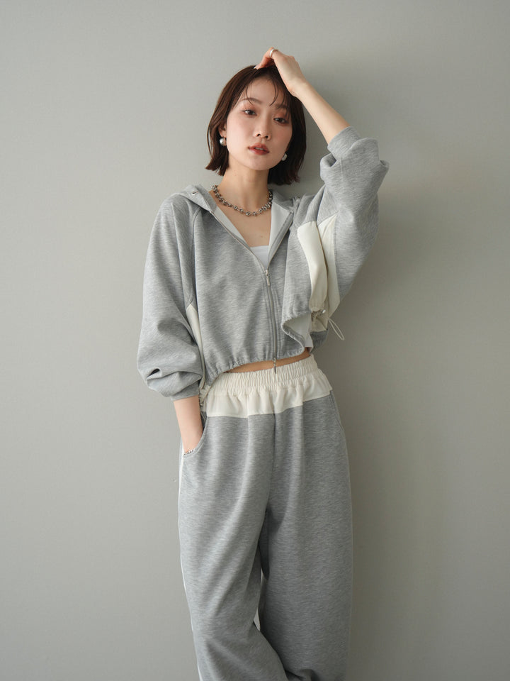 [予約]バイカラー異素材ライトポンチクロップドZIPフーディー/gray