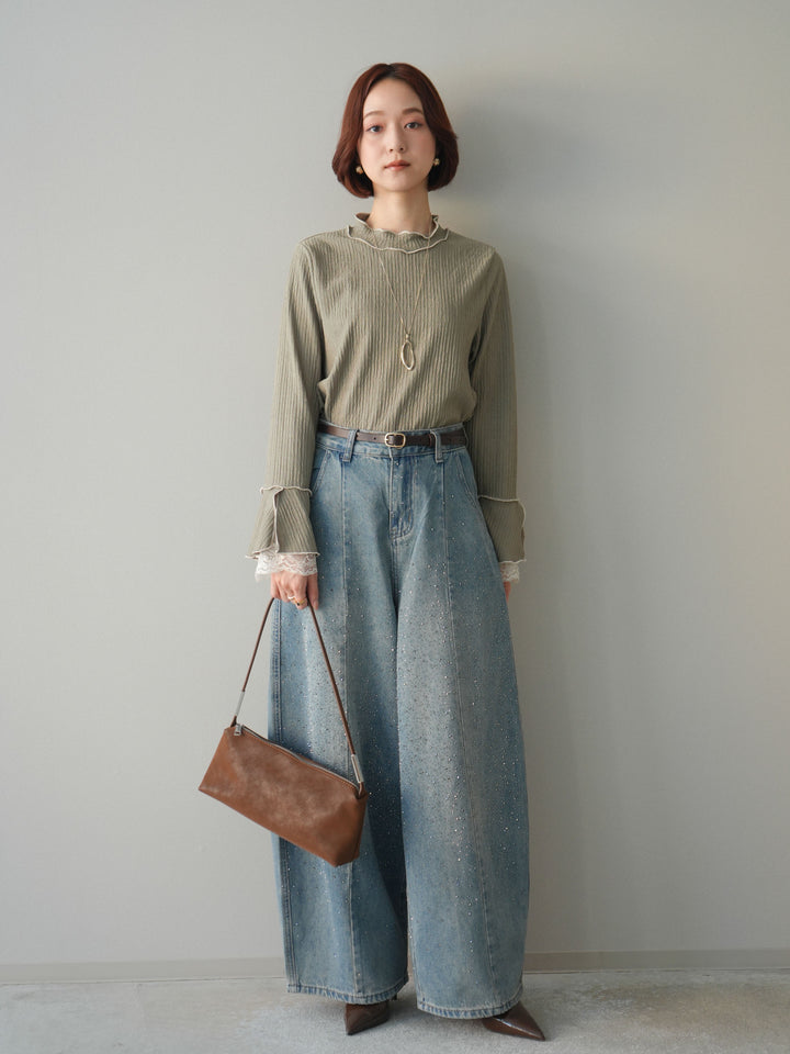 [予約]フロントビジューカーブデニムパンツ/lightblue