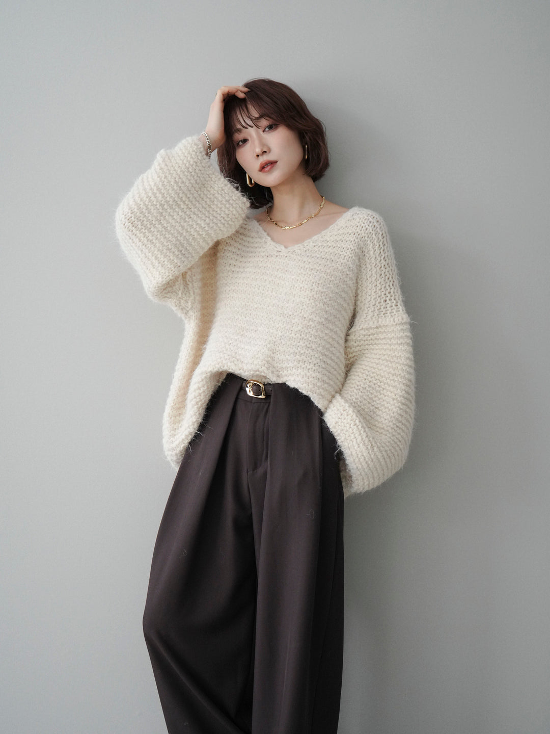 [SET]ワッフル編みシャギーニットプルオーバー+選べるアクセセット(2set)