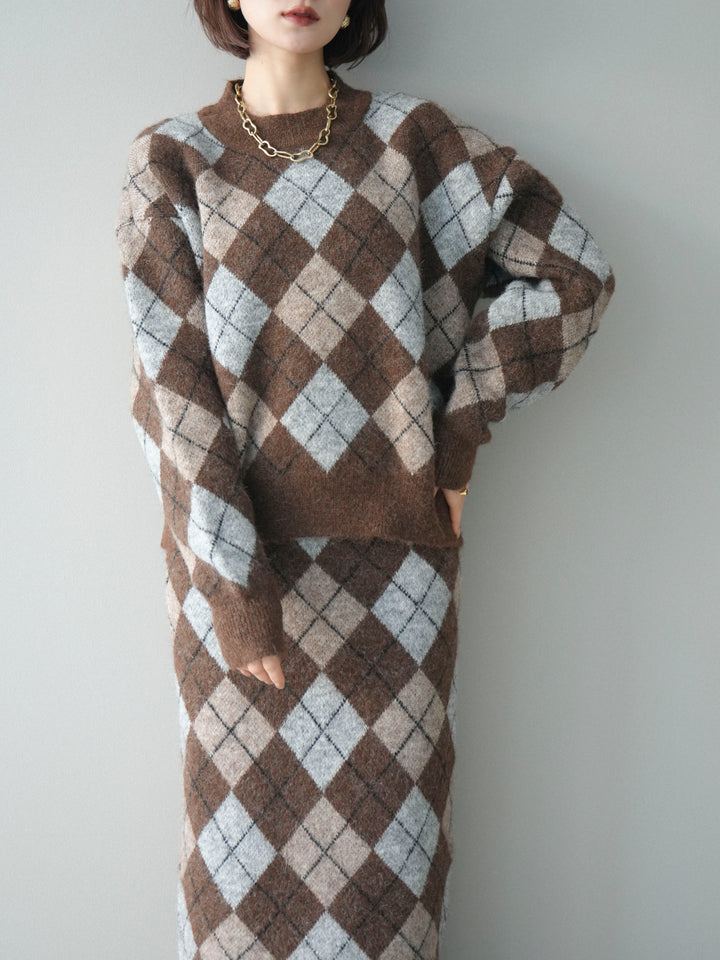 [SET]アーガイルニットプルオーバー&ロングスカートSET UP(2set)