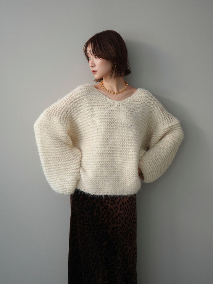 [SET]ワッフル編みシャギーニットプルオーバー+レオパードベロアナロースカート(2set)