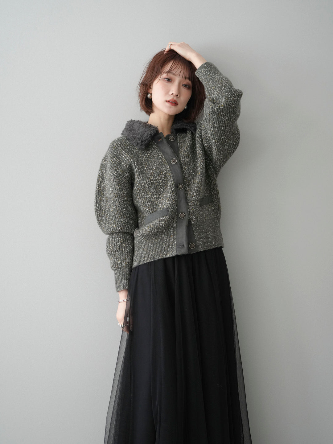 [SET]襟ボアミックスヤーンニットカーディガン+襟ボアミックスヤーンニットカーディガン(2set)