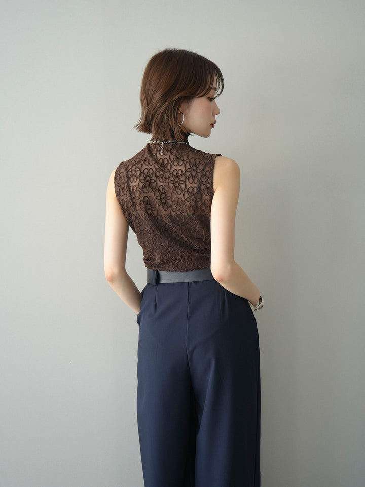 [予約]ノースリーブプチネックフラワージャガードトップス/brown