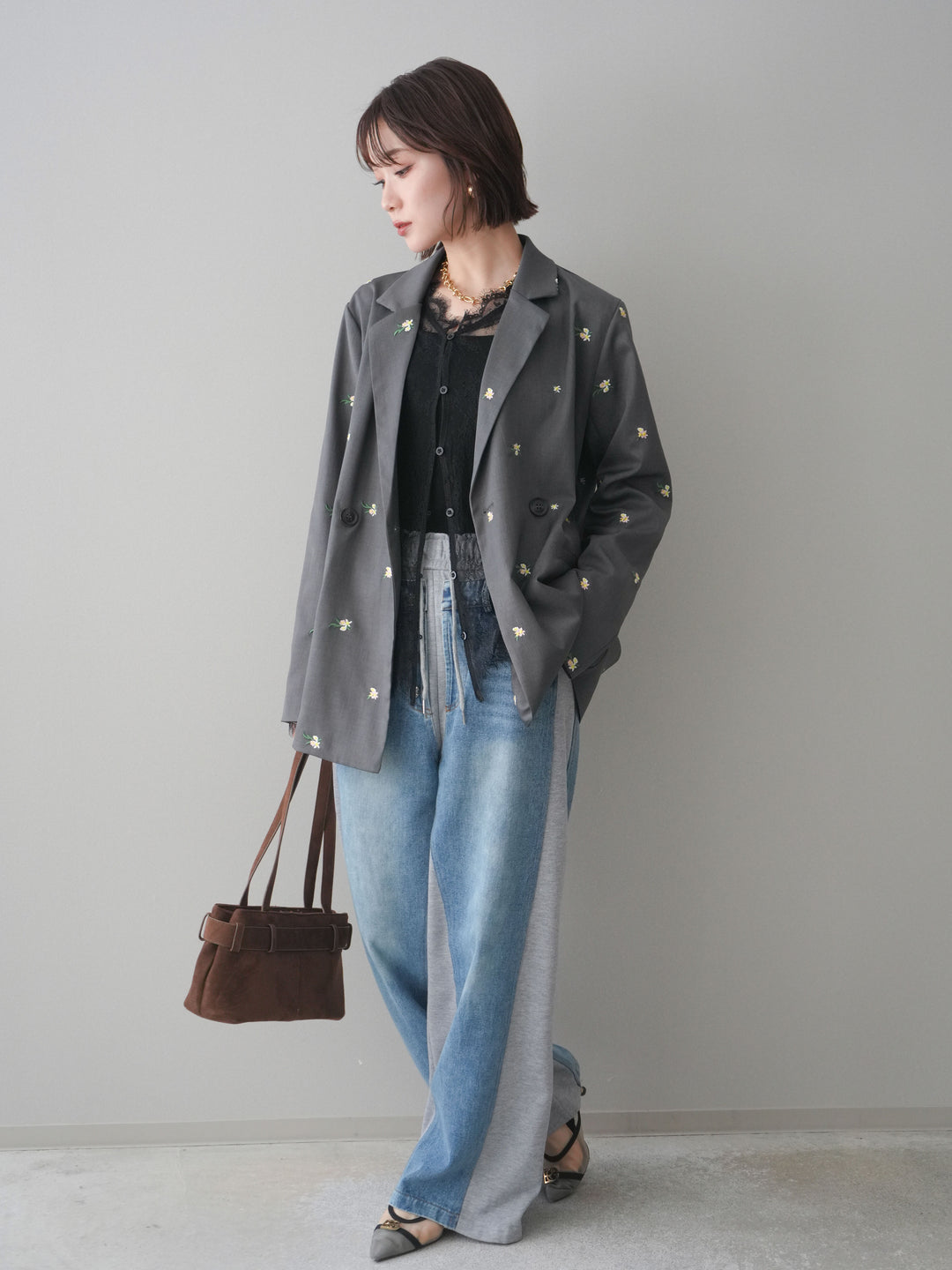 [予約]デニム切替スウェットパンツ/gray