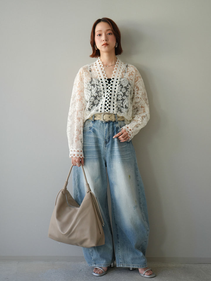 [予約]ベルト付ペイント加工カーブデニムパンツ/lightblue