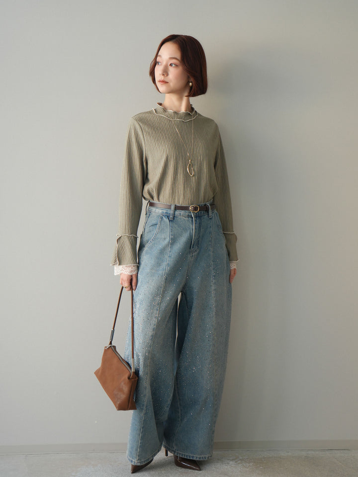 [予約]フロントビジューカーブデニムパンツ/lightblue