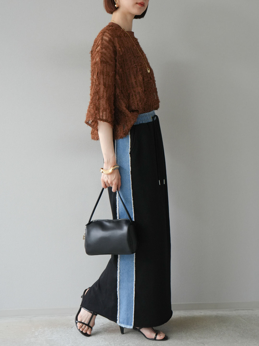 [予約]デニムドッキングスウェットスカート/ブラック