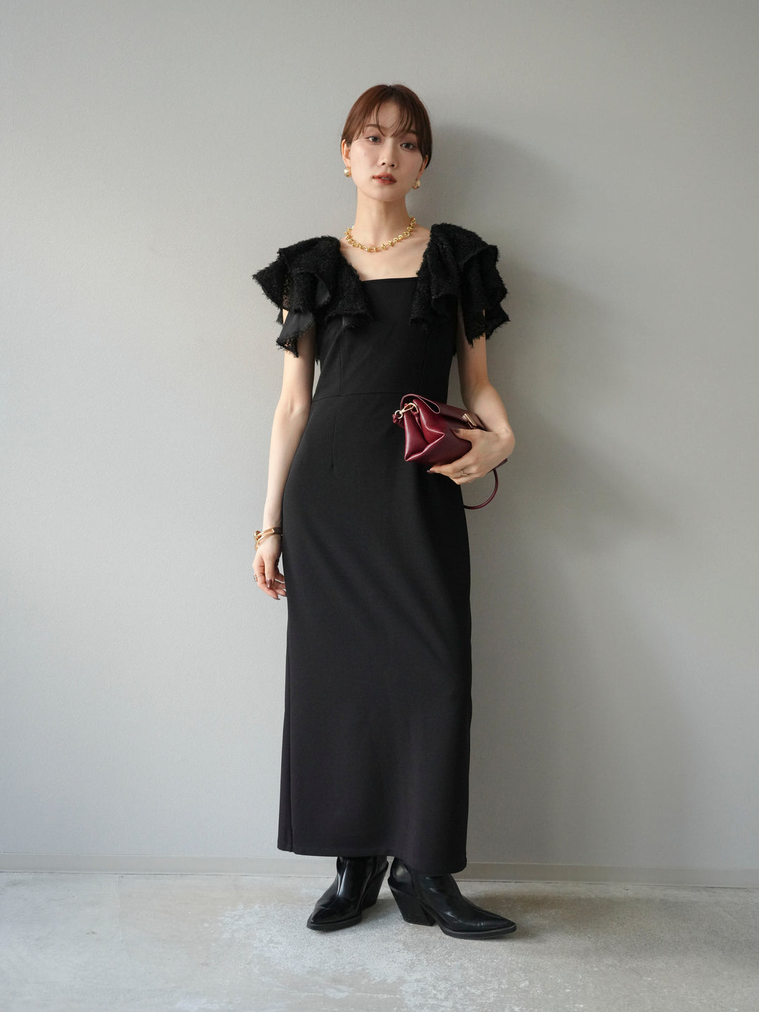 [予約]ジャガードフレアスリーブドレス/ブラック
