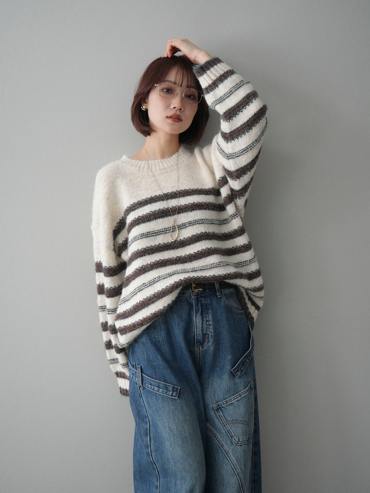 [SET]ステッチボーダーニットプルオーバー+ペインターカーブデニムパンツ(2set)