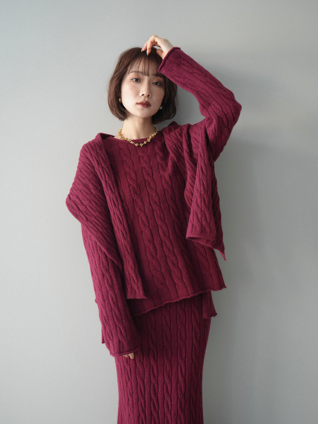 [SET]ストール付ケーブルニットプルオーバー&ロングスカートSET UP(2set)