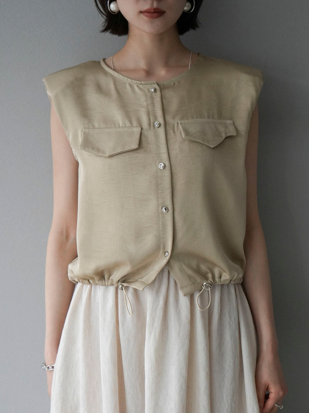 [Pre-order] Satin Drawstring Sleeveless Blouse/Beige