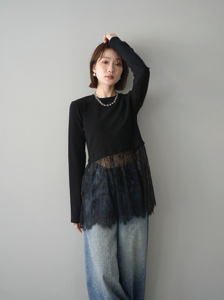 [予約]クルーネックレースドッキングリブニットトップス/black