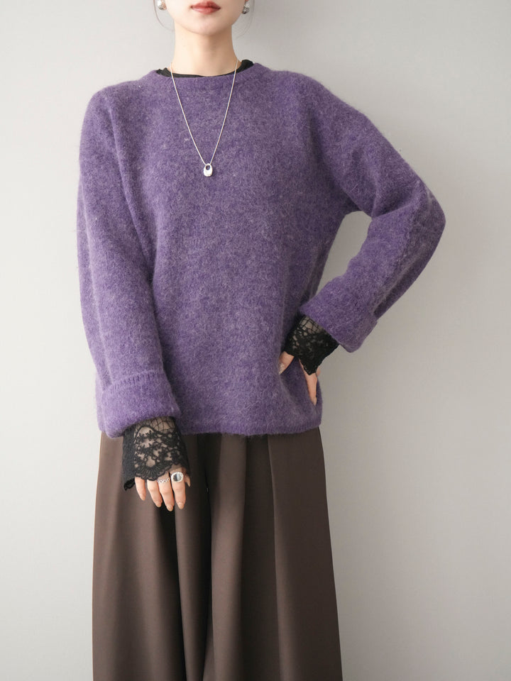 [SET]アンゴラタッチクルーネックニットプルオーバー+チュールレーストップス+テープベルトタックバギーパンツ(3set)