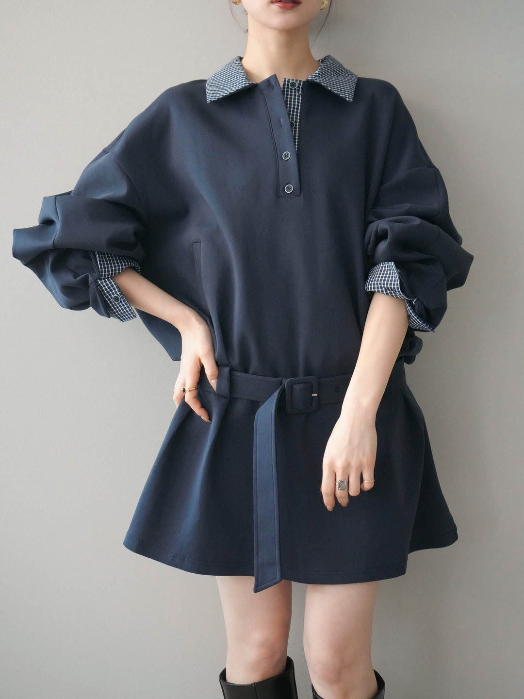 [SET]チェック襟xスエットミニワンピース+選べるアクセセット(2set)