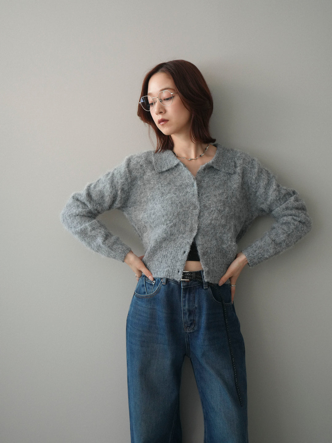 [SET]モヘア衿付きボタンプルオーバー+裏起毛裾フリンジワイドデニムパンツ(2set)