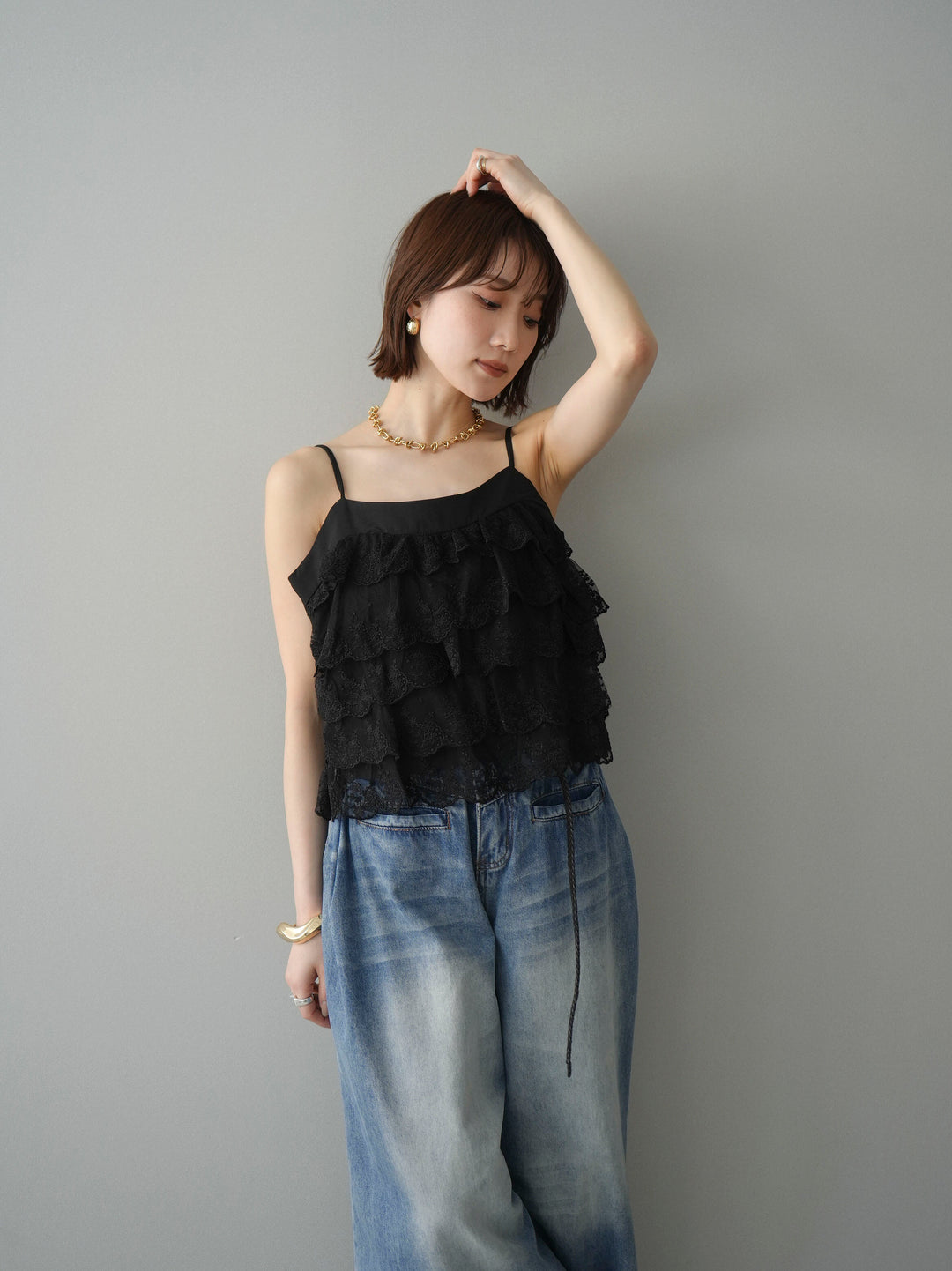 [SET]スカラップレースフリルキャミソール+フロントポケットサイドタックワイドデニム(2set)
