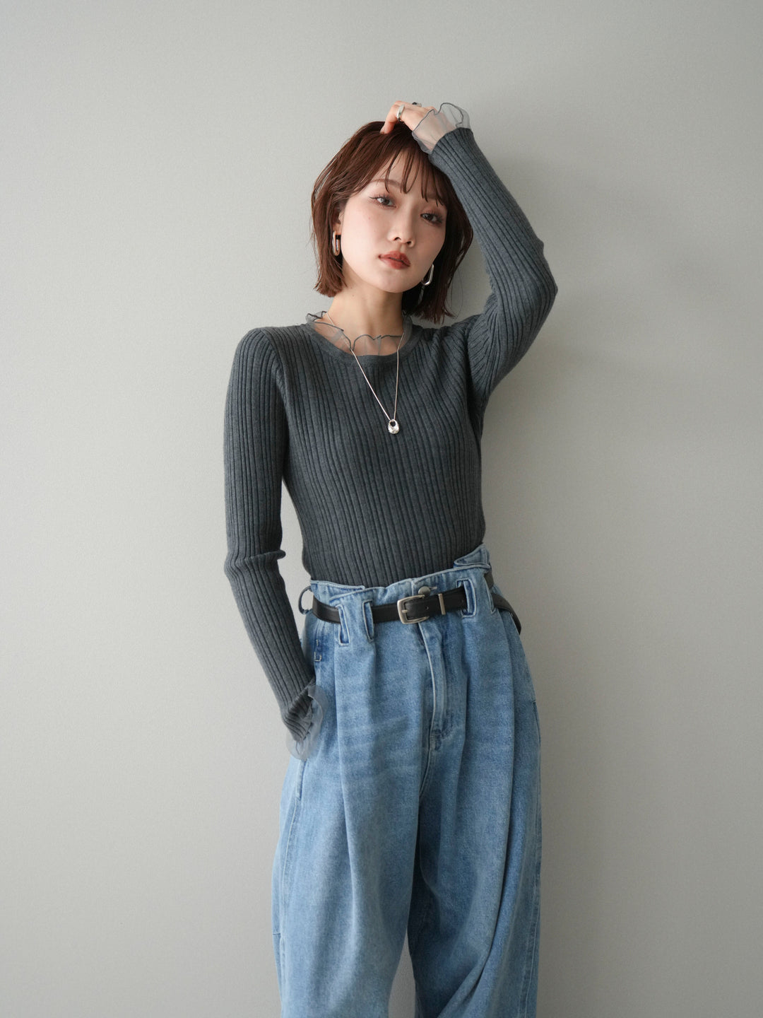 [SET]チュールドッキングリブニットトップス+選べるアクセセット(2set)