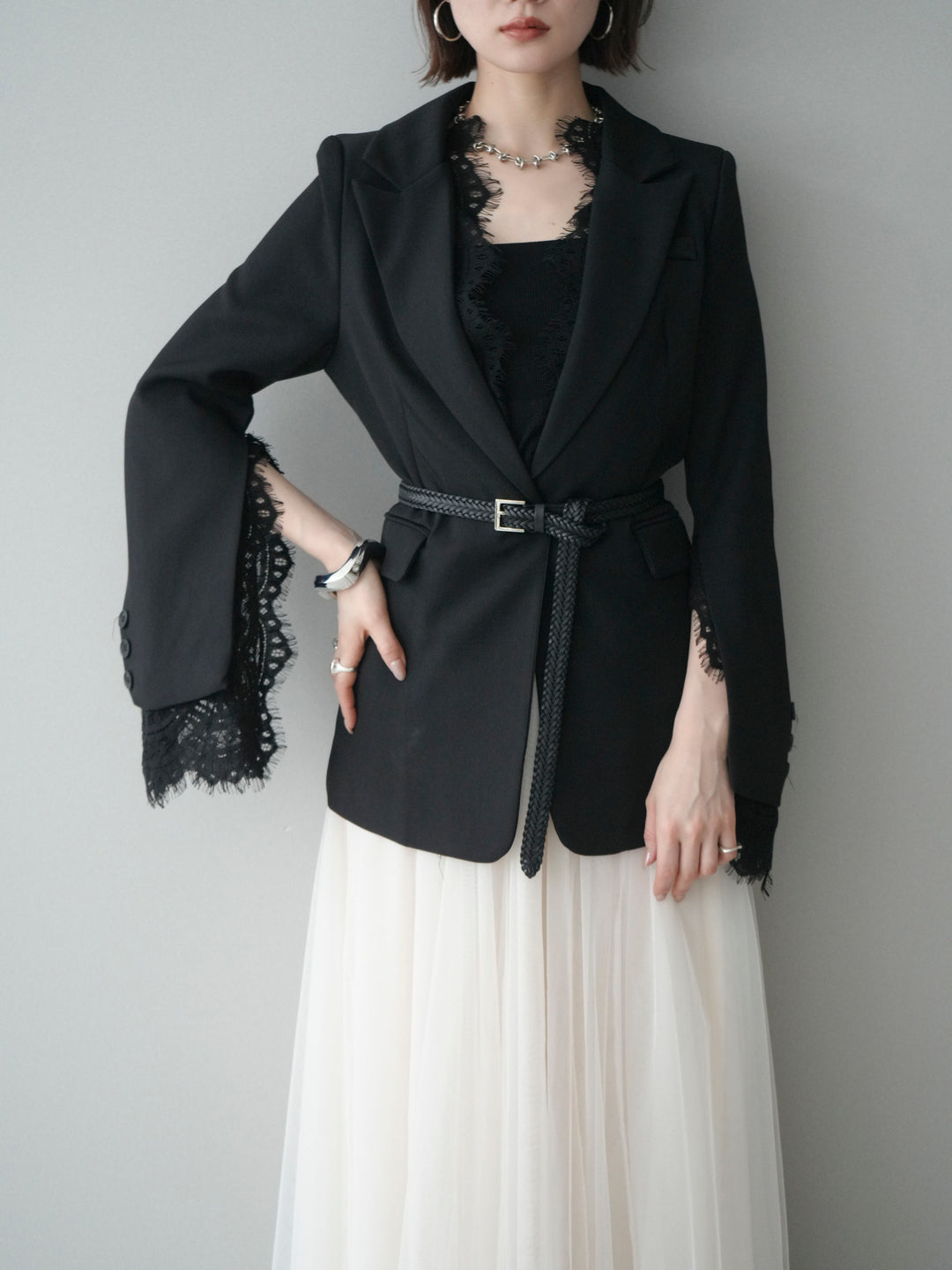 [SET]レースレイヤードスリットジャケット+選べるアクセセット(2set)