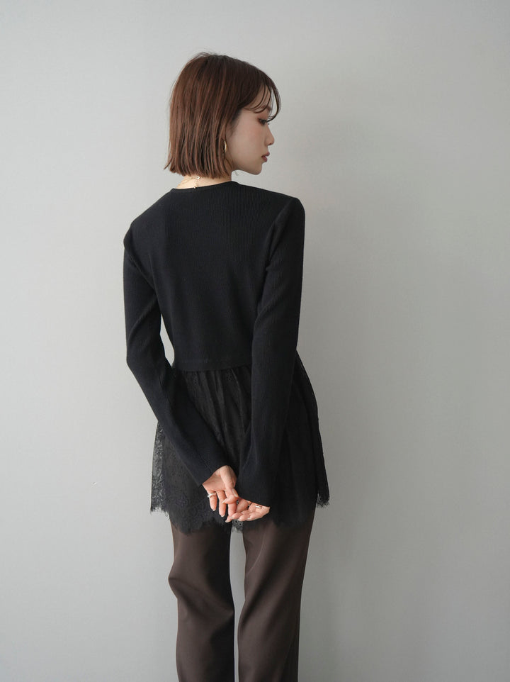 [予約]クルーネックレースドッキングリブニットトップス/black