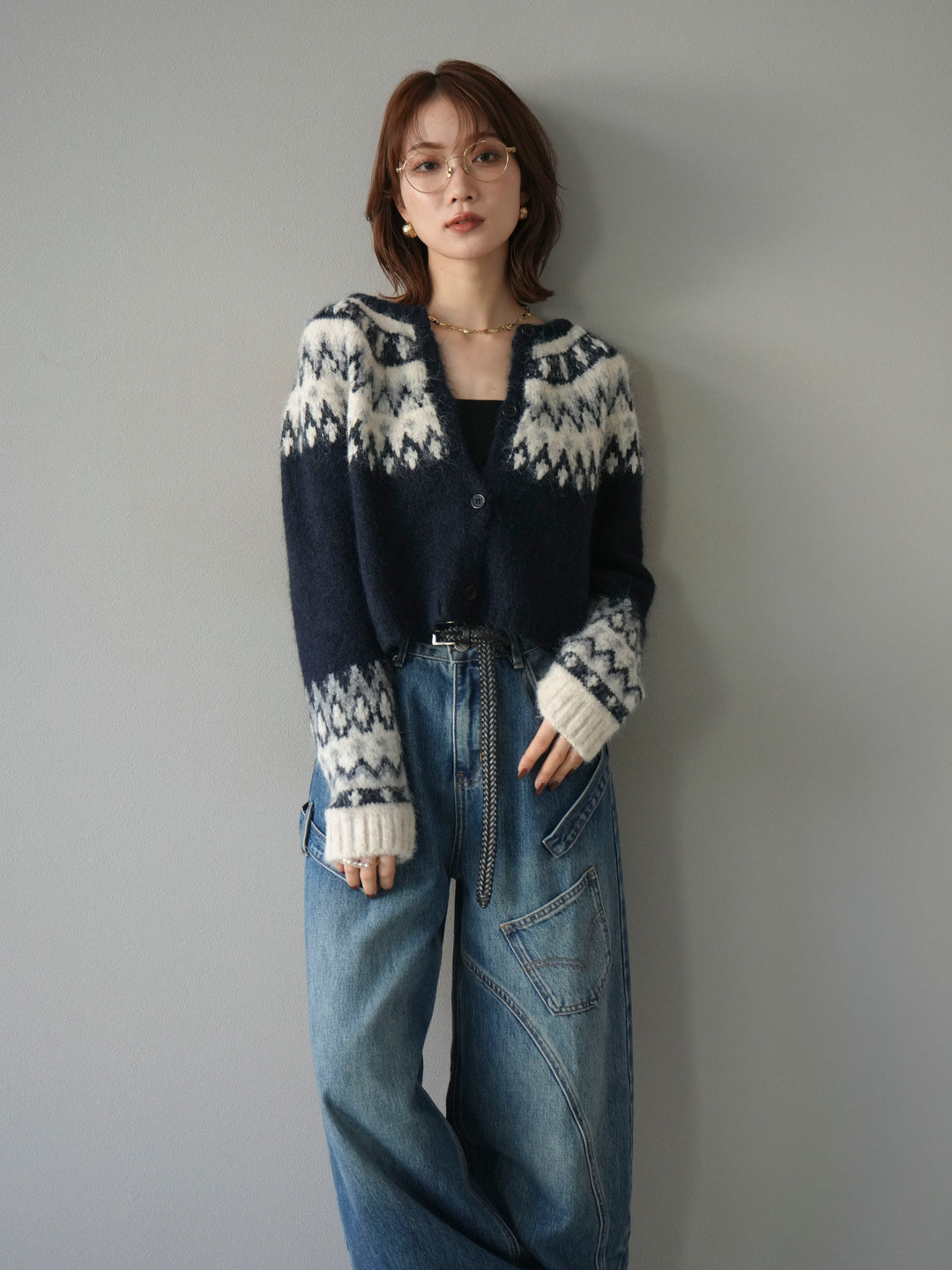 【着回しセット】[SET]求心柄クロップドニットカーディガン+ミックスヤーンペイズリー柄ニットカーディガン+ペインターカーブデニムパンツ(3set)