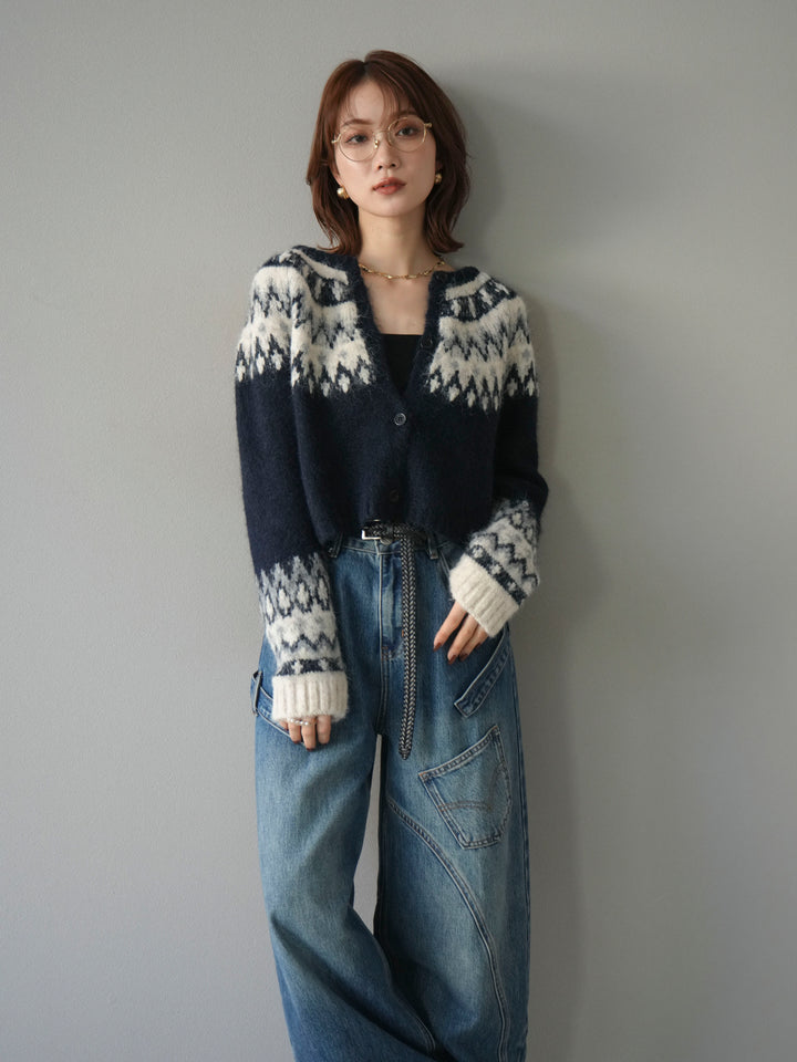 【着回しセット】[SET]求心柄クロップドニットカーディガン+ミックスヤーンペイズリー柄ニットカーディガン+ペインターカーブデニムパンツ(3set)