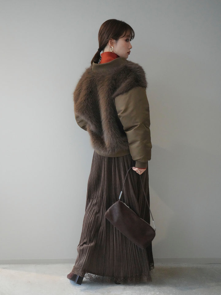 [SET]ファードッキングMA-1+袖ボタンボトルネックリブニットトップス+裾レーススウェードプリーツマキシスカート(3set)