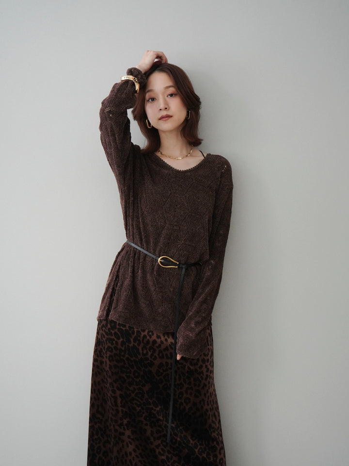 [SET]モール透かし編みニットトップス+レオパードベロアナロースカート(2set)